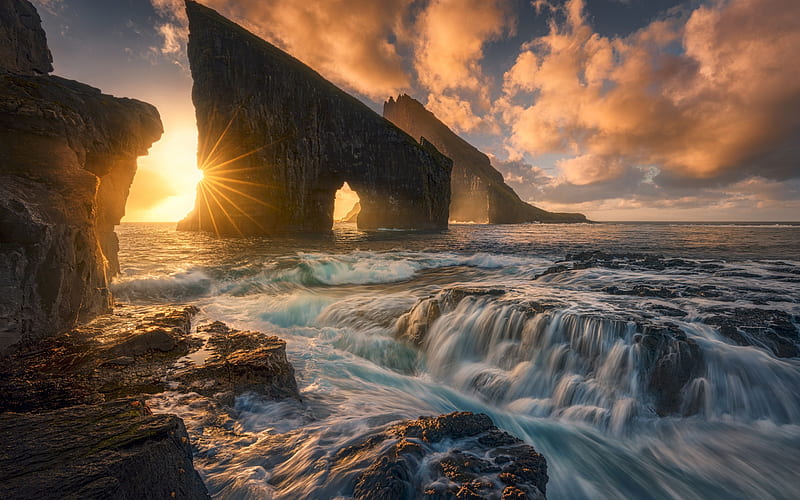 Atlantic Ocean, coast, rocks, Faroe Islands, sunset, evening, waves, HD wallpaper