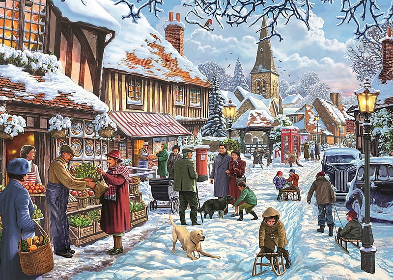 Village Life On A Winters Day, snow, Winter, village, shops, church, vintage, HD wallpaper