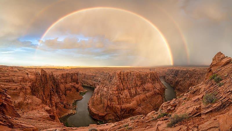 Glen Canyon, Arizona - this is not Horseshoe Bend, river, landscape, rainbow, rocks, usa, HD wallpaper