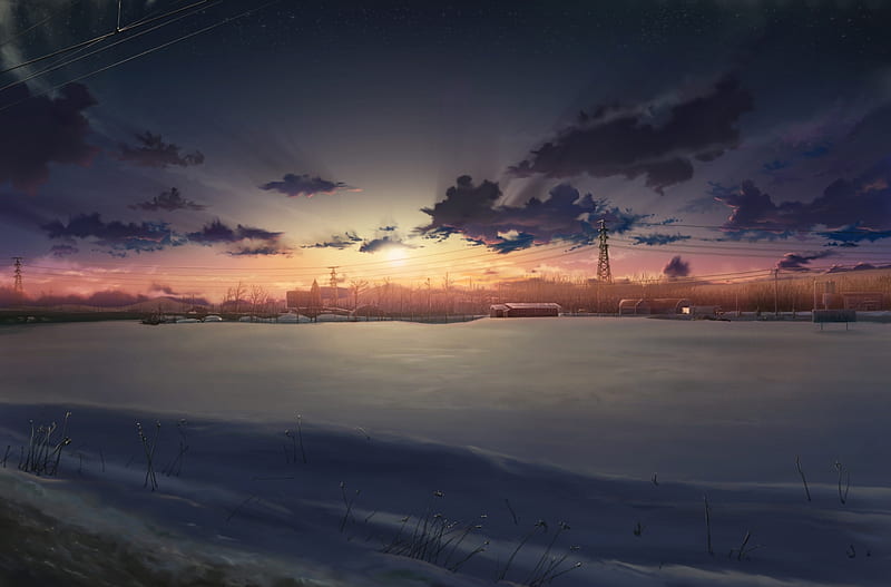 Sunset, 3 cenitmetre per second, snow, anime, road, HD wallpaper