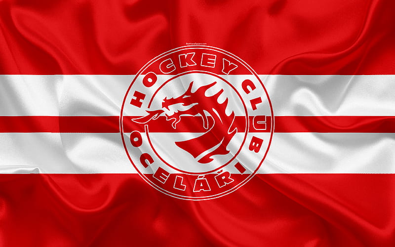 Trinec HC Czech hockey club, emblem, logo, Czech Extraliga, silk flag, hockey, Trshinec, Czech Republic, HC Ocelari Trinec, HD wallpaper