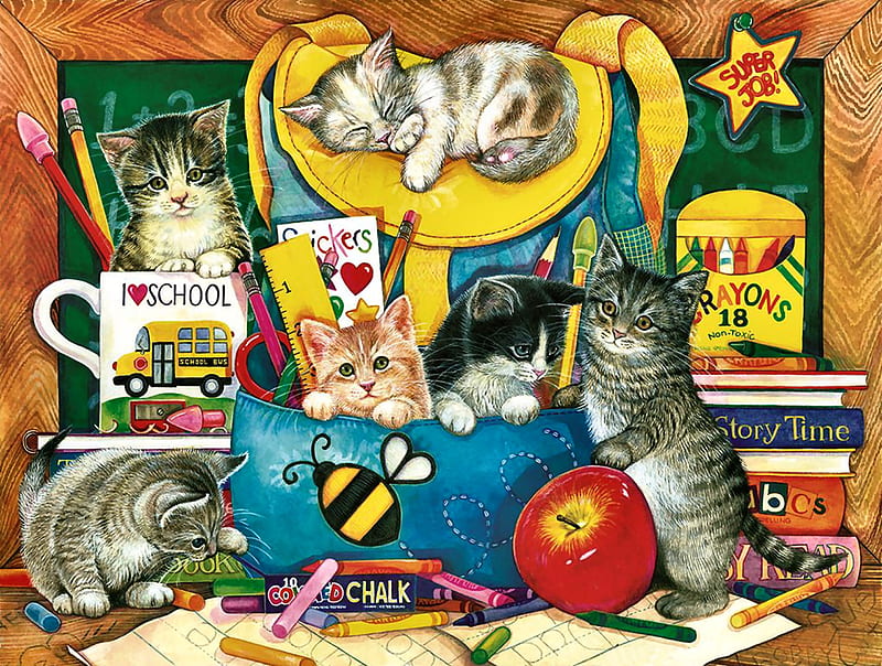 Classroom Kittens F, art, ruler, kittens, bonito, pets, artwork, animal, feline, crayons, painting, wide screen, chalk, cats, HD wallpaper