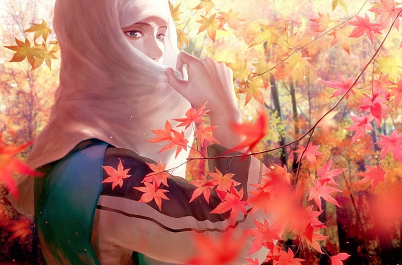 Akechi Mitsuhide, red, rowya, art, autumn, yellow, woman, leaf, fantasy, girl, anime, scarf, white, HD wallpaper