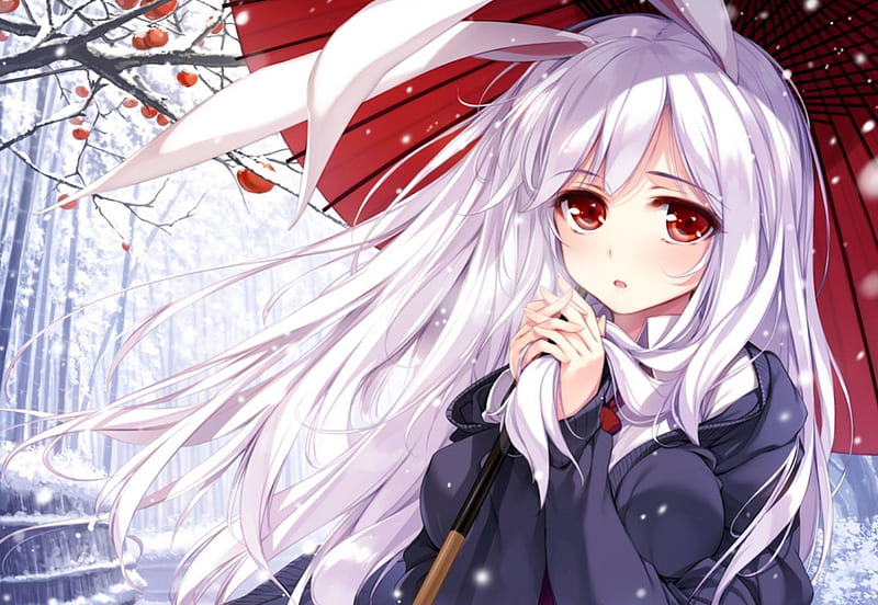 Touhou, red, pretty, cue, umbrella, bonito, woman, sweet, blossom, anime, beauty, long hair, female, lovely, black, winter, cute, girl, snow, bunny, lady, white, red eyes, cherry, HD wallpaper