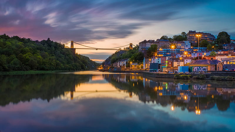 Bristol Building Clifton Suspension Bridge England With Reflection On River Travel, HD wallpaper
