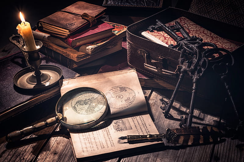 graphy, Still Life, Book, Candle, Key, Magnifying Glass, Pen, HD wallpaper
