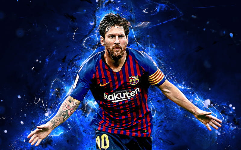 Barcelona FC, Messi, goal, argentinian footballers, La Liga, joy, Lionel Messi, Barca, football stars, Leo Messi, neon lights, soccer, LaLiga, HD wallpaper