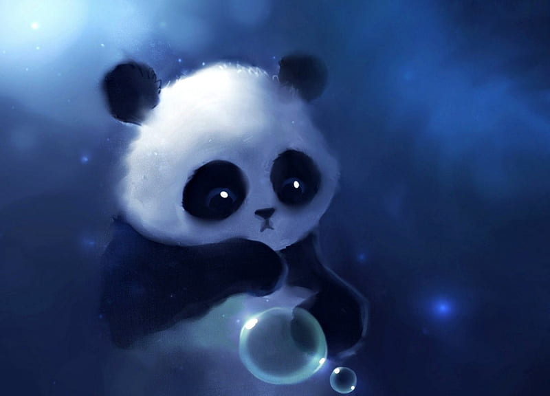 Panda, art, bubble, luminos, black, animal, cute, fantasy, water, apofiss, white, blue, HD wallpaper