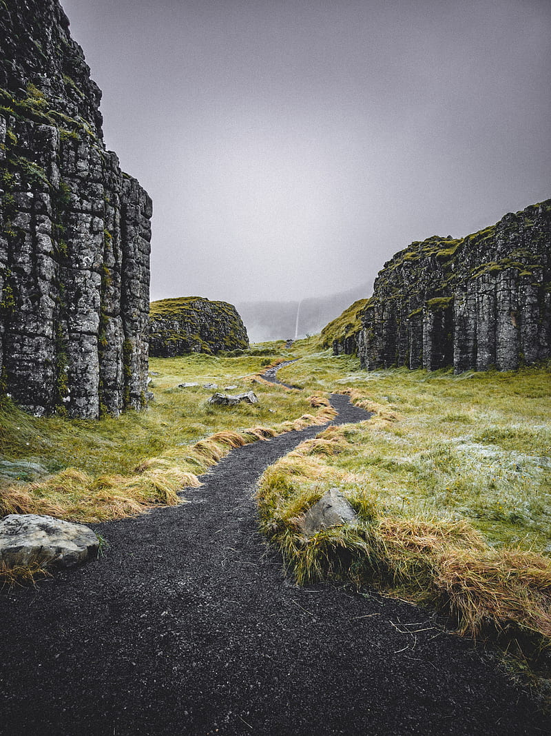 path, rocks, valley, fog, HD phone wallpaper