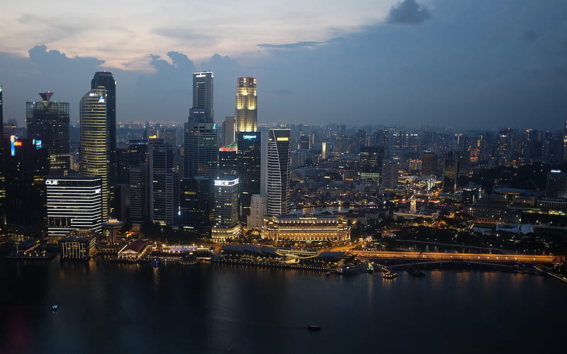 Singapore, evening city, metropolis, skyscrapers, Asia, HD wallpaper