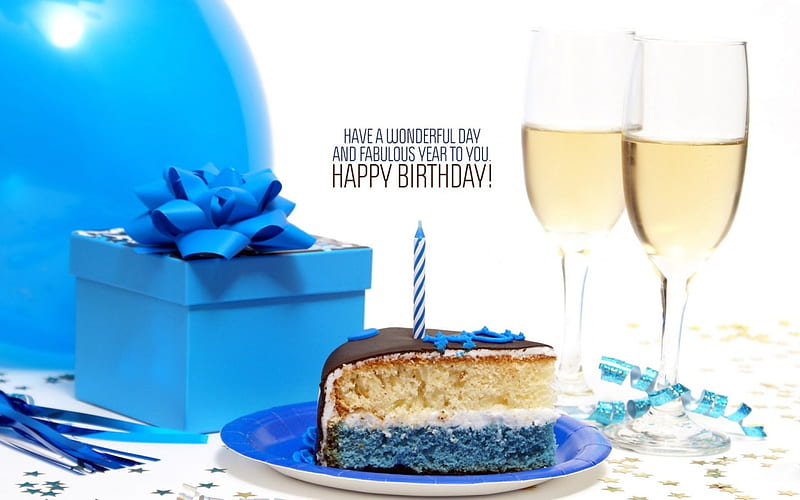 Happy Birtay!, cake, wine, box, bow, gift, birtay, card, glass, white, blue, HD wallpaper