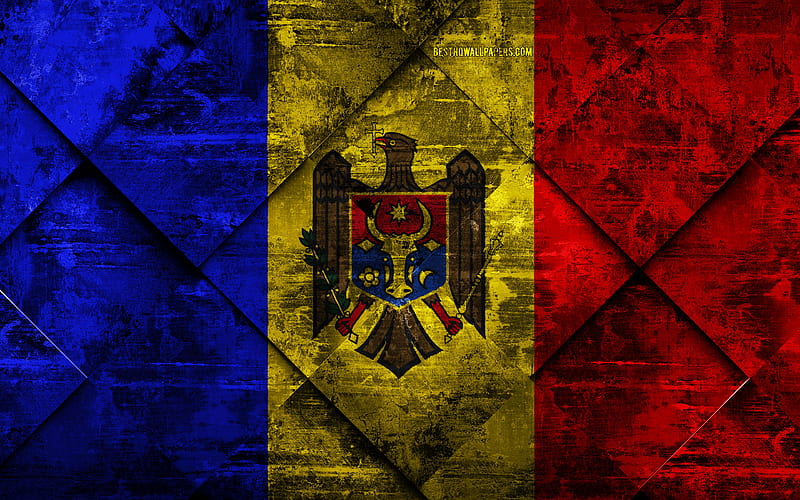 Flag of Moldova grunge art, rhombus grunge texture, Moldavian flag, Europe, national symbols, Moldova, creative art, HD wallpaper