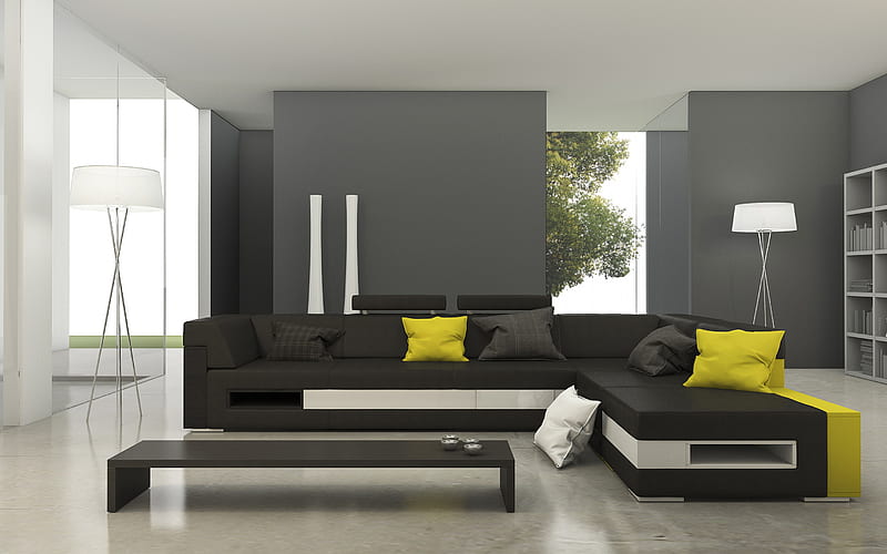 stylish interior of the living room, minimalism style, gray walls, modern interior design, gray sofa, HD wallpaper