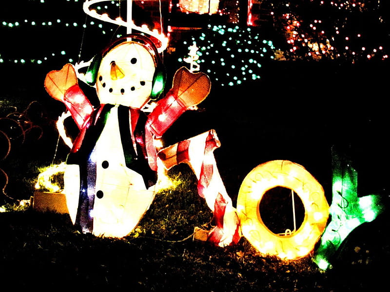 Christmas Joy, ornaments, colorful, christmas, holiday, lawn lights, joy, snowman, lights, decorations, HD wallpaper