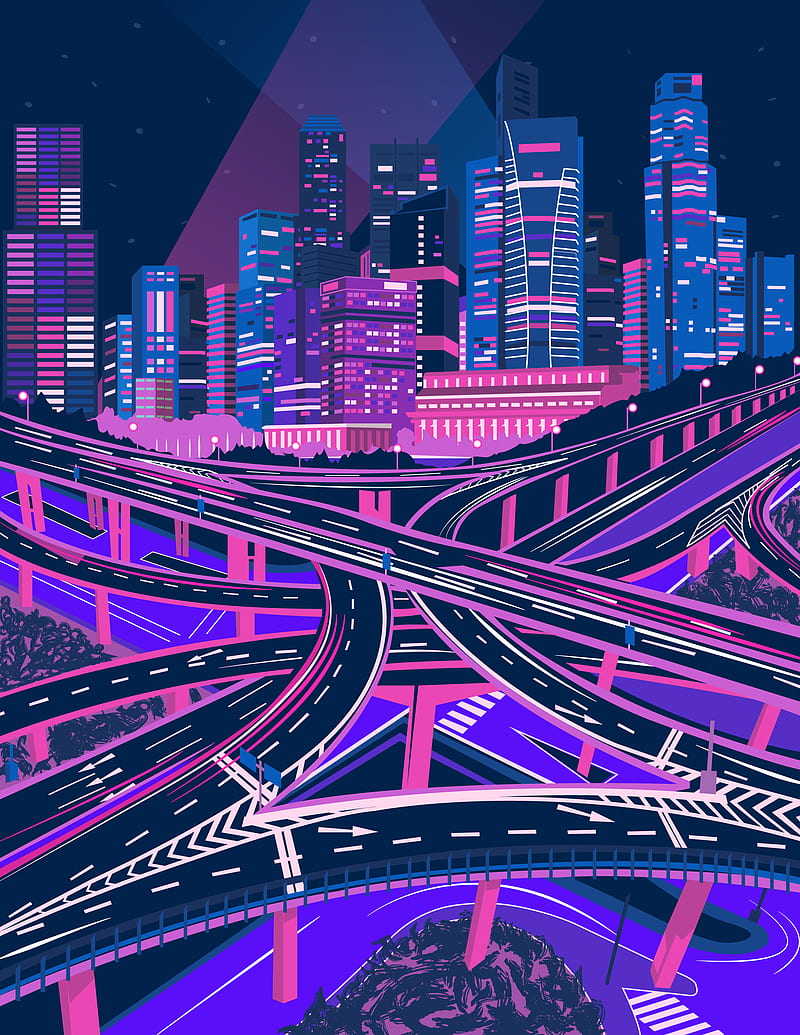 illustration, antographics, colorful, purple, Pink (artist), neon, glowing, cityscape, architecture, building, dark, city, silhouette, vector, vector art, lights, HD phone wallpaper