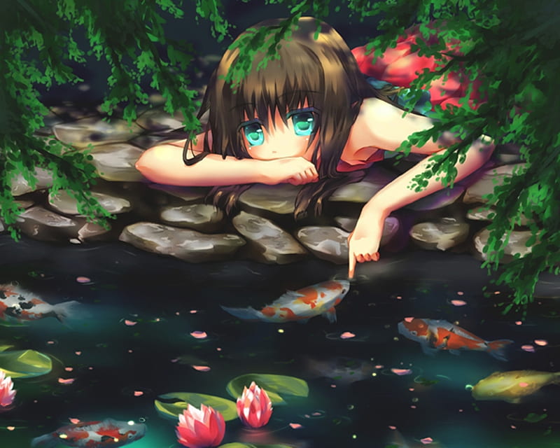 Koi Pond, lotus, fish, rock, plant, animal, green, stone, anime, anime girl, female, water lily, koi, pond, cute, water, girl, flower, HD wallpaper