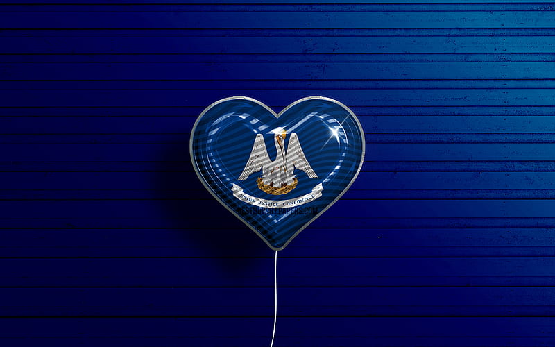 I Love Louisiana, realistic balloons, blue wooden background, United States of America, Louisiana flag heart, flag of Louisiana, balloon with flag, American states, Love Louisiana, USA, HD wallpaper