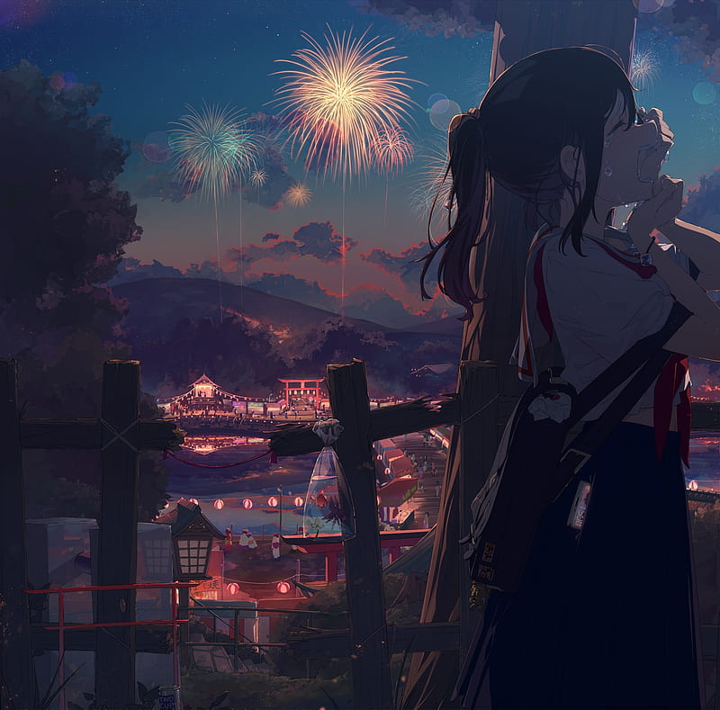 anime girl, crying, fireworks, festival, profile view, historical village, night view, Anime, HD wallpaper