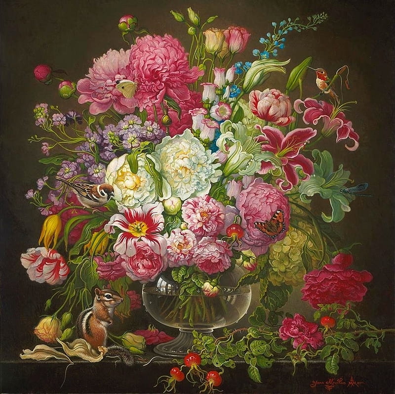 Floral with chipmunk, art, chipmunk, squirrel, yana movchan, painting, flower, pictura, pink, vase, HD wallpaper