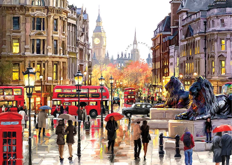 City of London, people, houses, painting, big ben, street, artwork, HD wallpaper