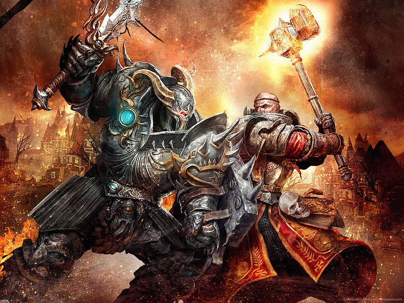 Chaos vs. Order, priest, hammer, warhammer, epic, warrior, battle, fight, chaos, sword, HD wallpaper