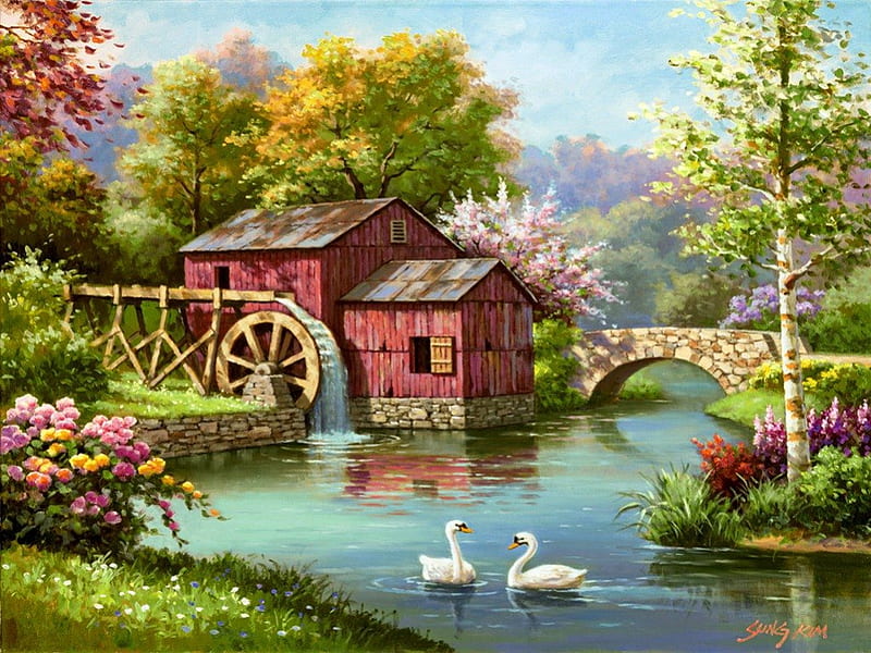 Spring forest mill, pretty, colorful, mill, bonito, nice, bridge, painting, water mill, flowers, beauty, forest, quiet, calmness, lovely, trees, swans, lake, freshness, pond, water, serenity, blossoms, nature, blooming, HD wallpaper
