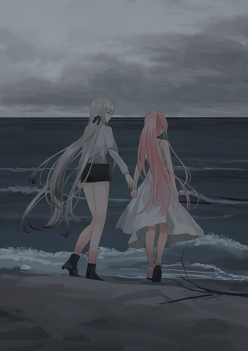 Chihuri 45, holding hands, sea, pink hair, white hair, anime, anime girls, HD phone wallpaper