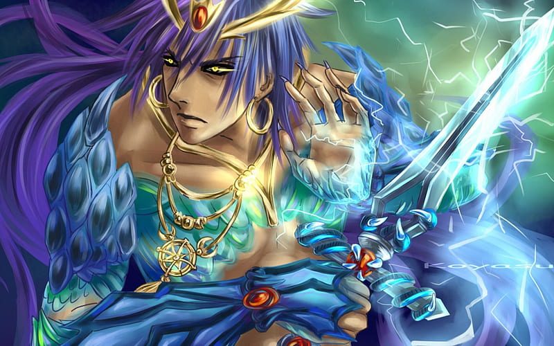 Sinbad, the labyrinth of magis, game, man, koyasu, boy, fantasy, green, sword, blue, HD wallpaper