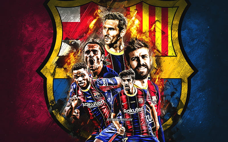 FC Barcelona, Spanish football club, Catalonia, La Liga, FC Barcelona logo, stone background, Lionel Messi, Antoine Griezmann, Gerard Pique, HD wallpaper
