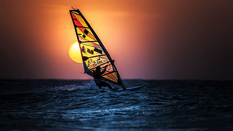 Sports, Sunset, Sea, Windsurfing, Ocean, HD wallpaper