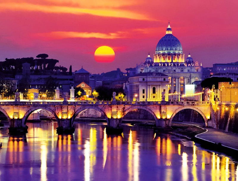 Evening in Rome, pretty, colorful, sun, dusk, bonito, twilight, clouds, lights, europe, nice, evening, reflection, lovely, rome, sky, building, utaly, rays, purple, summer, nature, HD wallpaper