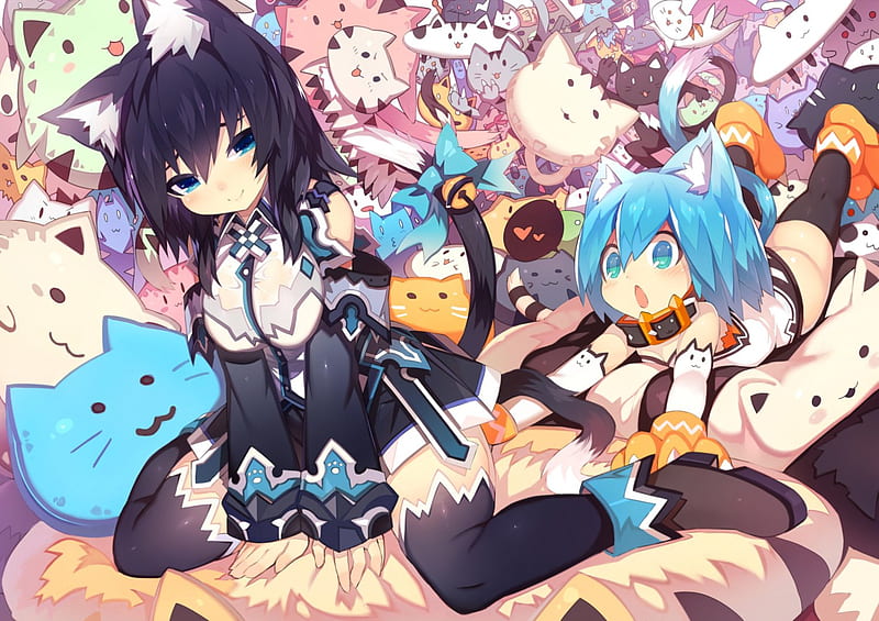 Let's play together, pretty, blush, game, magic, sweet, nice, fantasy, gloves, anime, beauty, anime girl, long hair, cute, bff, cool, neko girl, killer, awesome, cats, dress, bonito, blue eyes, friends, black hair, female, animal ears, tail, fun, smile, kawaii, girl, blue hair, cat girl, HD wallpaper