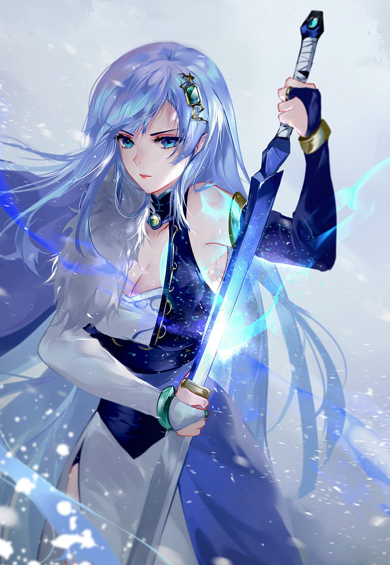 blue haired anime girl with sword