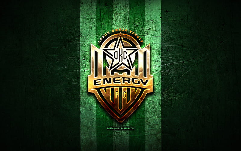 Oklahoma City Energy FC, golden logo, USL, green metal background, american soccer club, United Soccer League, Oklahoma City Energy logo, soccer, USA, HD wallpaper