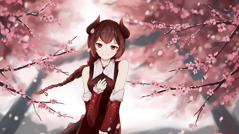 Pelirroja ojos rojos chica anime vestido rojo sakura flores chica anime,  Fondo de pantalla HD | Peakpx