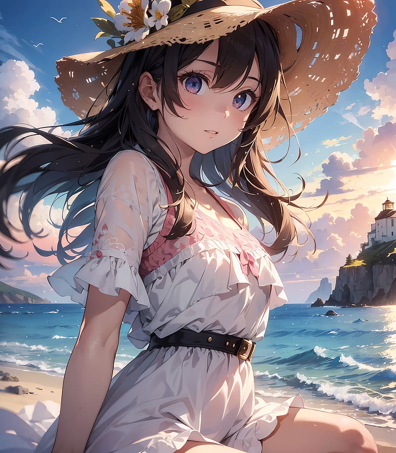 Girl, hat, flowers, sea, summer, anime, HD phone wallpaper | Peakpx
