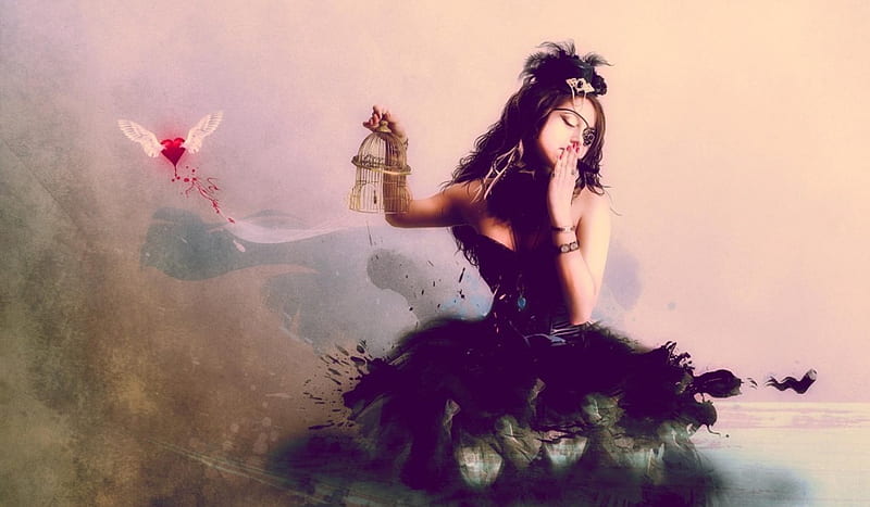 In love gothic girl, art, wings, dress, black, valentine, woman, girl, cage, gothic, heart, pink, HD wallpaper