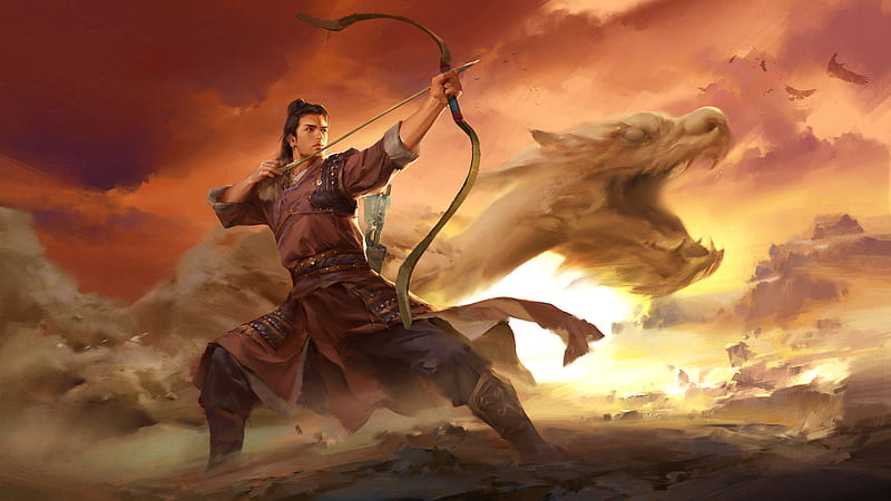 Archer, frumsuete, fantasy, luminos, asian, man, dragon, zhang lu, handsome, HD wallpaper