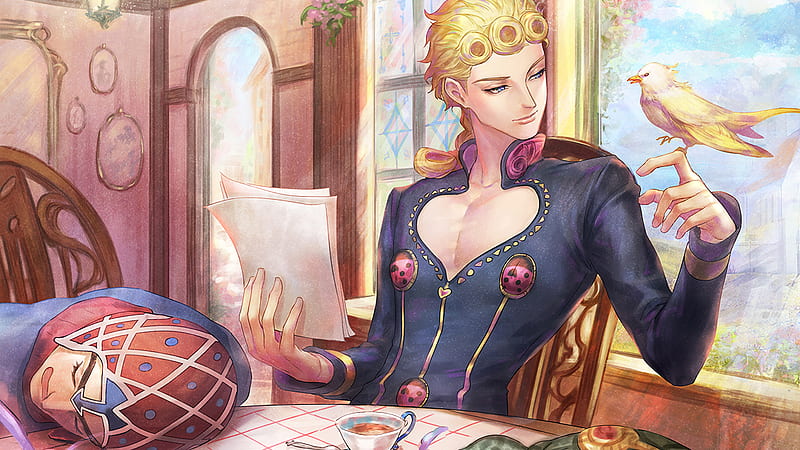Jojo Giorno Giovanna Sitting On Chair Near The Window Wearing Blue Dress A Bird Standing On Index Finger Anime, HD wallpaper