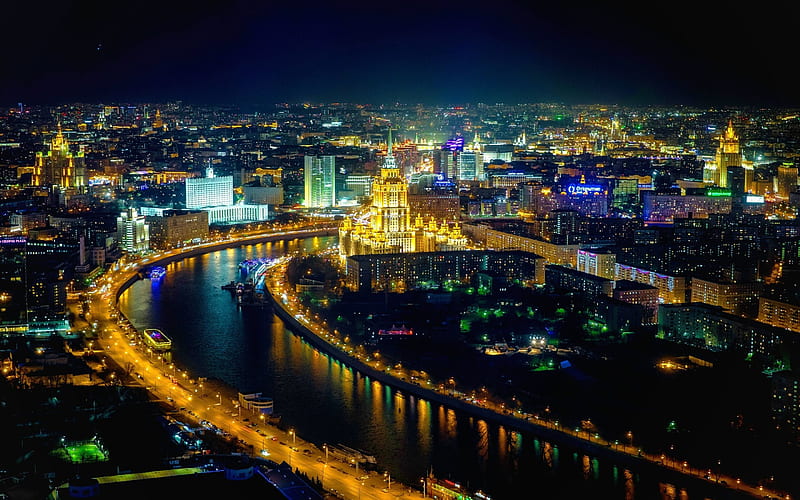 Moscow, Russia, night, Moscow river, city lights, HD wallpaper