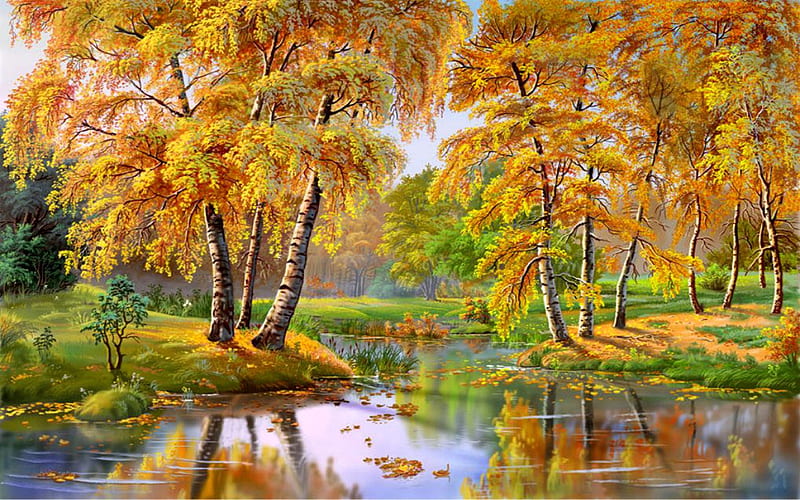 Lovely spot, Pretty, Fall, Forest, Pond, Birch, Nature, Reflection, Water, Trees, Painting, HD wallpaper