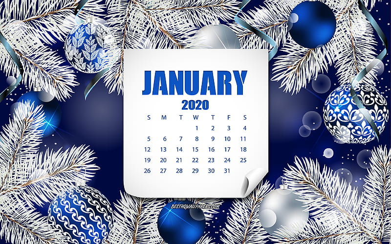 2020 January calendar, Blue Christmas background, 2020 calendars, January month 2020 calendar, 2020 concepts, blue Christmas balls, HD wallpaper