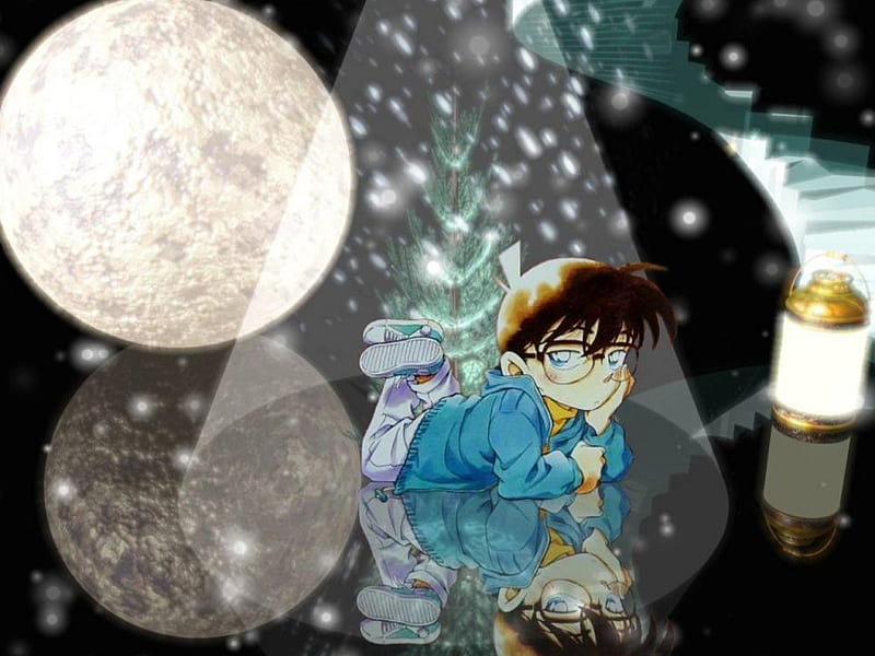 Conan Edogawa, Boy, Male, Blush, Cute, Moon, Detective Conan, Snow, Megane, HD wallpaper