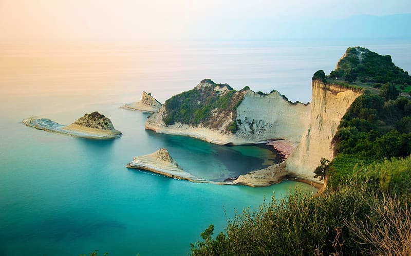 Corfu Sunset, Greece, beach, rocks, trees, coast, mediterranean, sea, plants, HD wallpaper