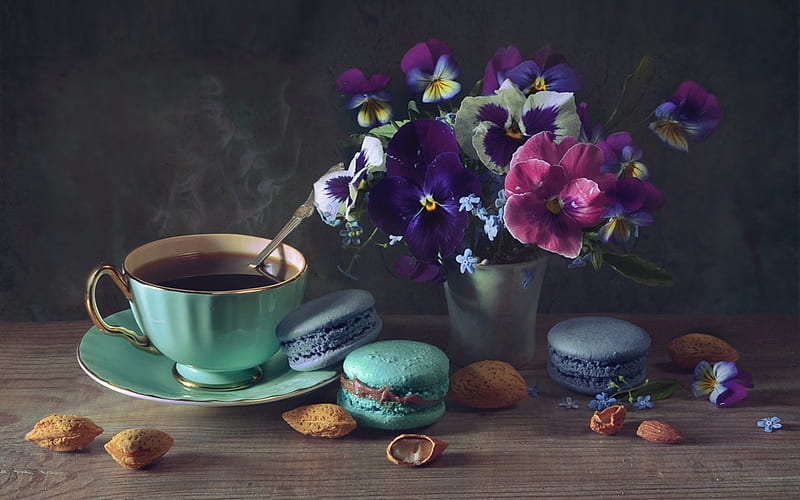 Have a good day!, food, macarons, pansy, spring, sweet, dessert, still life, purple, coffee, cup, flower, pink, blue, HD wallpaper