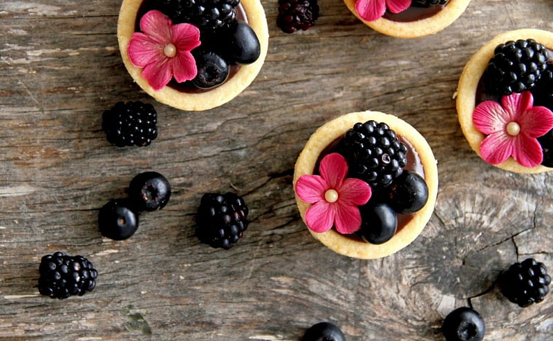 Berry Tarts, fruit, food, berries, blackberry, fruits, flower, dessert, sweet, HD wallpaper