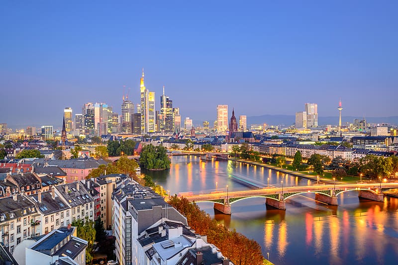 Cities, Skyscraper, Building, Light, Bridge, Evening, River, Germany, Frankfurt, HD wallpaper