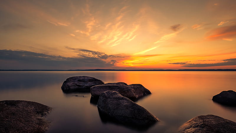 Summer Dusk Rocks Between Lake During Sunset Time Nature, HD wallpaper