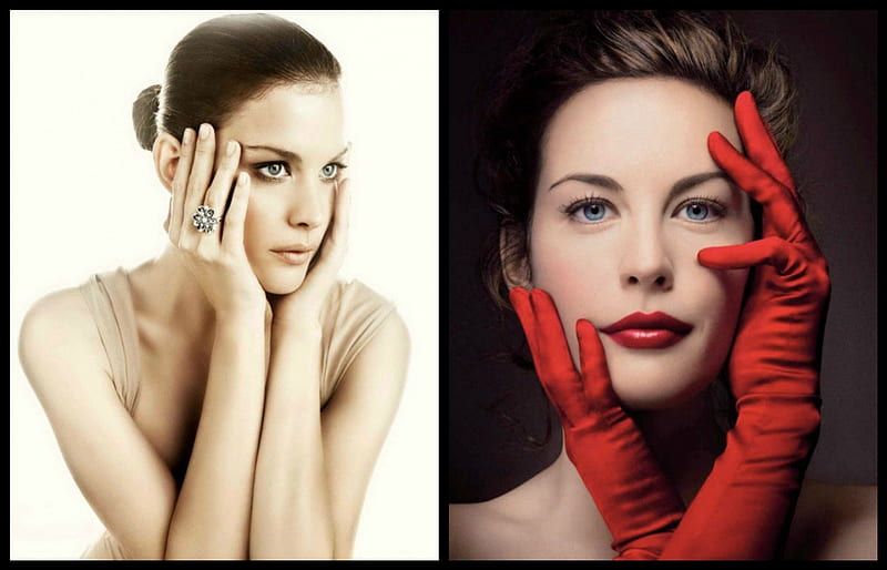 Liv Tyler, red, model, black, cehenot, woman, gloves, girl, actress, beauty, jewel, ring, white, blue, HD wallpaper
