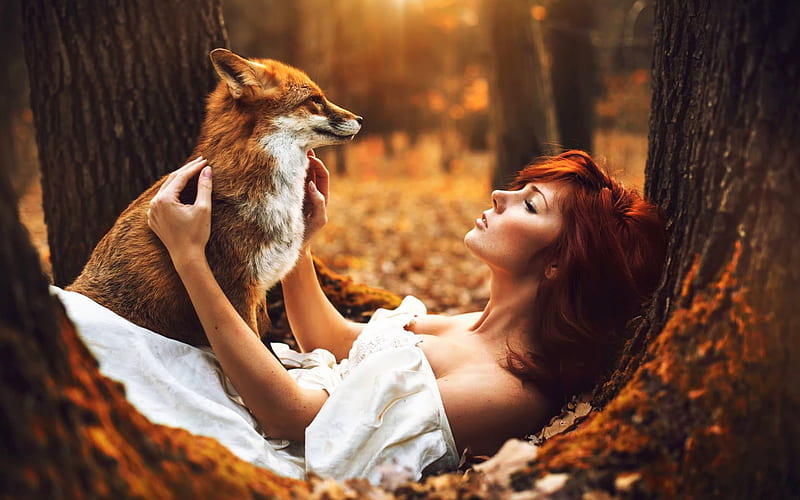 Redhead Girl With Fox, redhead, girls, fox, animals, HD wallpaper